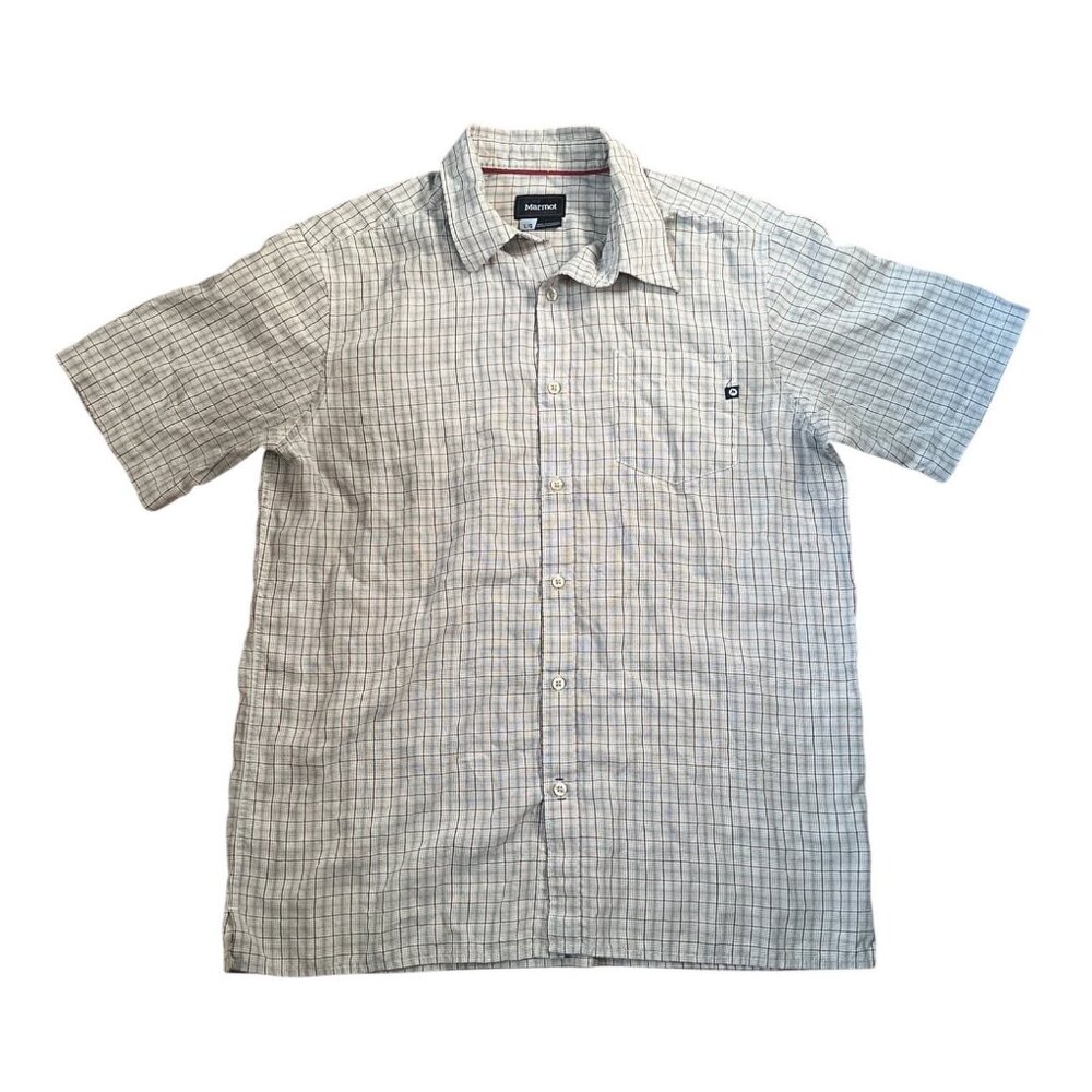 Marmot Mens Plaid Short Sleeve Button-Down Shirt L/G Cotton Blend Lightweight Ca
